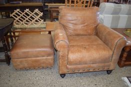 LEATHER ARMCHAIR AND MATCHING FOOTSTOOL, THE ARMCHAIR MAX WIDTH 92CM