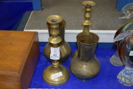 BRASS WARES, PAIR OF BRASS CANDLESTICKS AND VASES