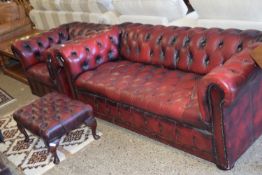 CHESTERFIELD TYPE CHAIR AND UPHOLSTERED FOOT STOOL. (NOT THE SOFA)