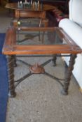 UNUSUAL METAL FRAMED GLASS INSET SQUARE OCCASIONAL TABLE WITH CARVED DECORATION, APPROX 70.5CM