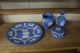 WEDGWOOD BASALT WARE IN BLUE WITH TYPICAL APPLIED DESIGNS