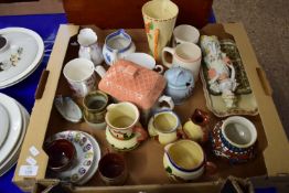 TRAY CONTAINING CERAMICS, DEVON MOTTO WARE, NOVELTY TEA POT AND COVER ETC