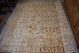 LARGE CARPET, THE CENTRAL PANEL WITH STYLISED GEOMETRIC AND FLORAL DECORATIONS, APPROX 242 X 292CM