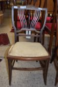 EDWARDIAN BEDROOM CHAIR WITH CARVED AND INSET/STRUNG DECORATION, HEIGHT APPROX 81CM