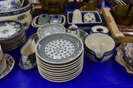 POLISH BOLESLAWIECZ POTTERY KITCHEN WARES, PLATES, BUTTER DISH, TOAST RACK ETC