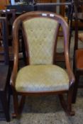 CARVED HARDWOOD UPHOLSTERED ROCKING CHAIR, WIDTH APPROX 55CM