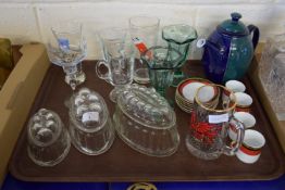 TRAY CONTAINING GLASSWARES, INCLUDING GLASS JELLY MOULDS AND A CHINA COFFEE SET