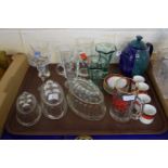 TRAY CONTAINING GLASSWARES, INCLUDING GLASS JELLY MOULDS AND A CHINA COFFEE SET