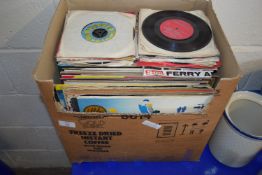 BOX CONTAINING LPS AND 45RPM RECORDS, MAINLY POP MUSIC, ABBA, RICHARD HARRIS, BUDDY HOLLY ETC