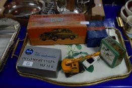 TRAY CONTAINING MODEL CARS AND MICKEY MOUSE INGERSOLL ALARM CLOCK AND BOXED MODEL OF A VAUXHALL