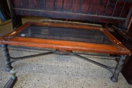 IMPRESSIVE METAL FRAMED AND GLASS INSET COFFEE TABLE WITH CARVED DECORATION, APPROX 138 X 86CM