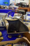 BRASS COAL SCUTTLE WITH METAL HANDLE AND SMALL SHOVEL