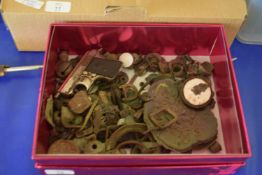 BOX CONTAINING METAL DETECTOR FINDS, BUTTONS AND DOOR HANDLES ETC