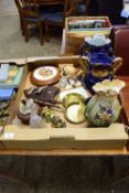 BOX CONTAINING CERAMICS AND METAL WARES INCLUDING PAIR OF BLUE GROUND VASES, TWO SMALL BRASS TRAYS