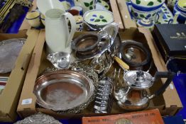 TRAY CONTAINING PLATED SERVING WARES, COASTERS, COFFEE POT, TOAST RACK ETC