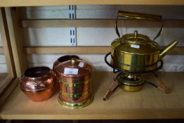 BRASS AND COPPER WARES INCLUDING KETTLE AND STAND