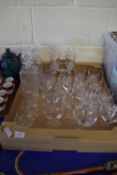 BOX CONTAINING GLASS WARES, TWO CUT GLASS DECANTERS AND WINE GLASSES