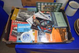 BOX CONTAINING MOTORING MAGAZINES, MORRIS GUIDE, FORD ESCORT ETC FROM 1950S 1960S AND 1970S