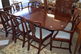 GOOD QUALITY REPRODUCTION MAHOGANY D-END TWIN PEDESTAL DINING TABLE WITH STRUNG AND CROSS BANDED