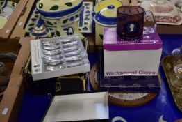 BOX CONTAINING FLATWARES, KINGS PATTERN PASTRY FORKS ETC AND SOME WEDGWOOD GLASS