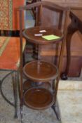 FOLDING THREE TIER MAHOGANY CAKE STAND, WIDTH APPROX 28CM