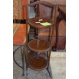 FOLDING THREE TIER MAHOGANY CAKE STAND, WIDTH APPROX 28CM