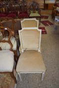 PAIR OF EMPIRE STYLE WHITE PAINTED UPHOLSTERED BEDROOM CHAIRS, EACH WIDTH APPROX 56CM MAX