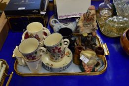 SMALL TRAY CONTAINING KITCHEN CERAMICS, CUPS AND SAUCERS AND A ROYAL DOULTON SMALL TOBY JUG OF THE