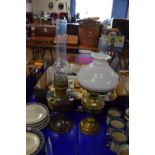 BRASS OIL LAMP WITH WHITE SHADE AND ONE OTHER LAMP