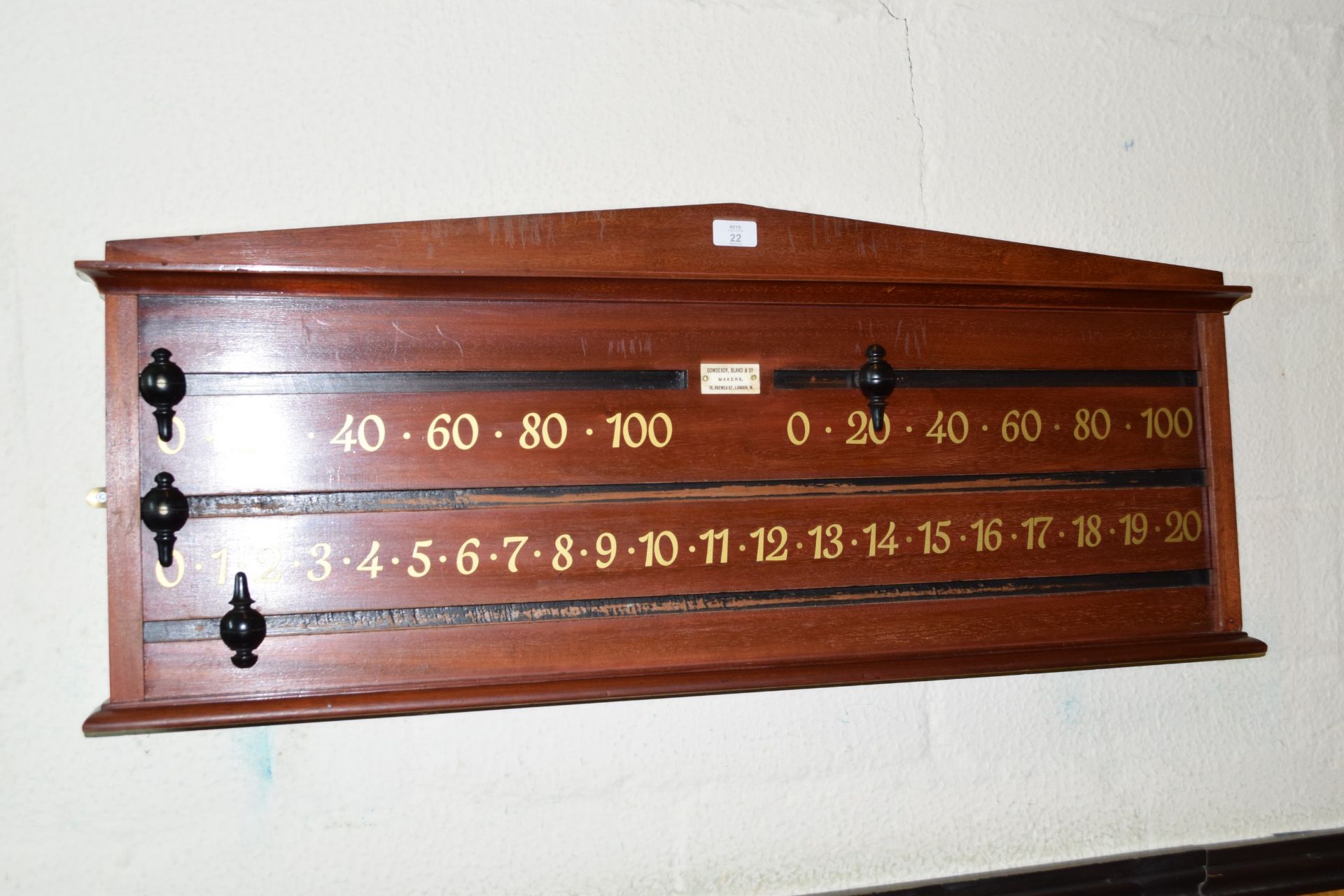 Cowdroy, Bland & Co snooker scoreboard, width approx 102cm