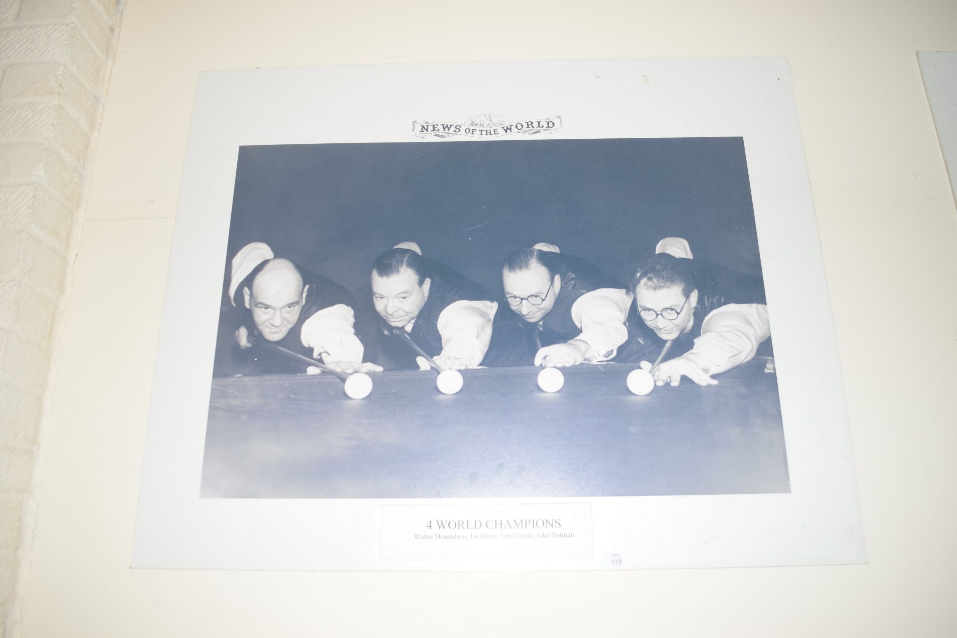 Poster of four World Champions, Walter Donaldson, Joe Davis, Fred Davis, John Pullman, width 103cm