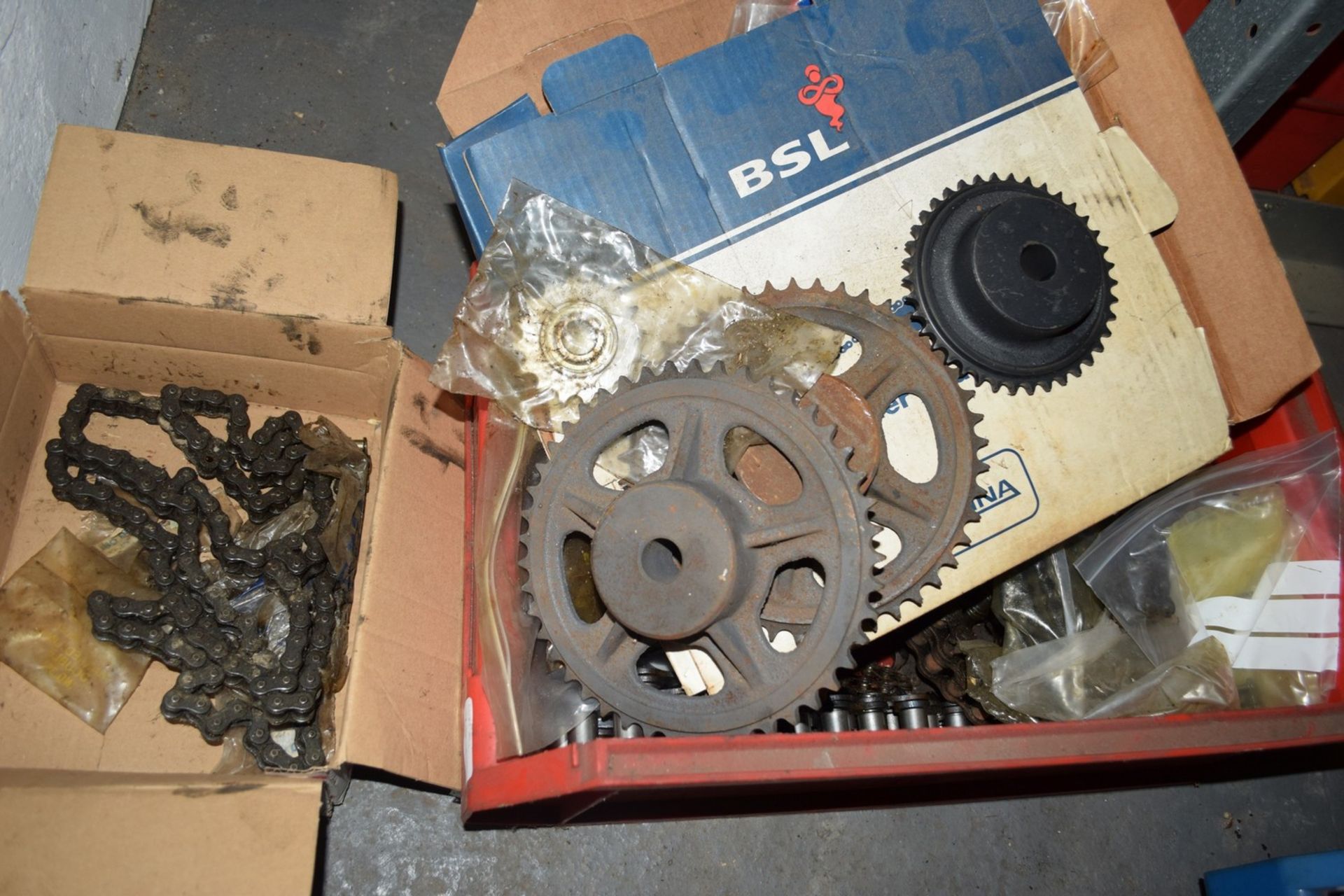 Box of chain and sprockets