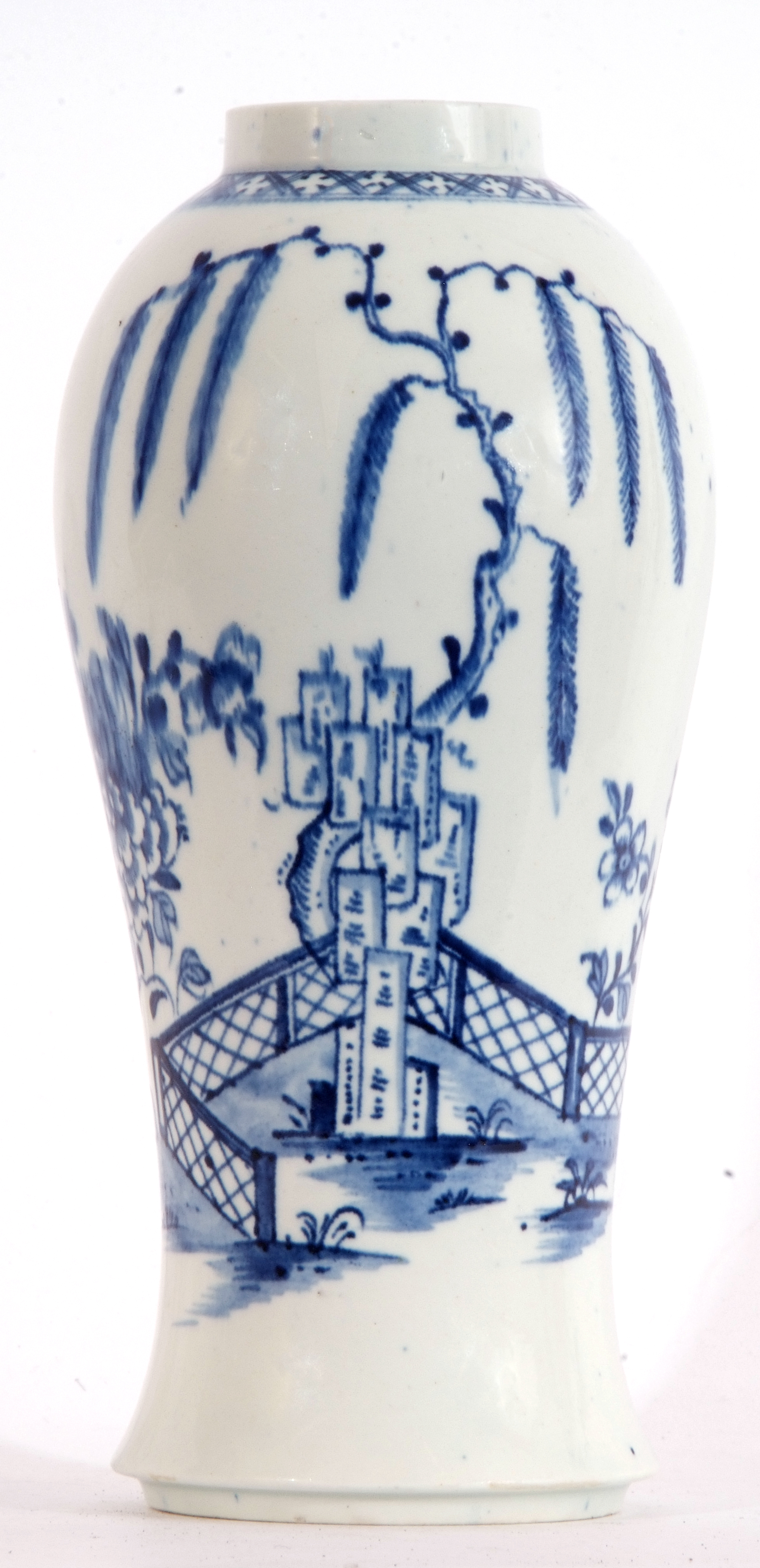 Lowestoft porcelain baluster vase decorated in underglaze blue with a fence and trees and floral - Image 2 of 7