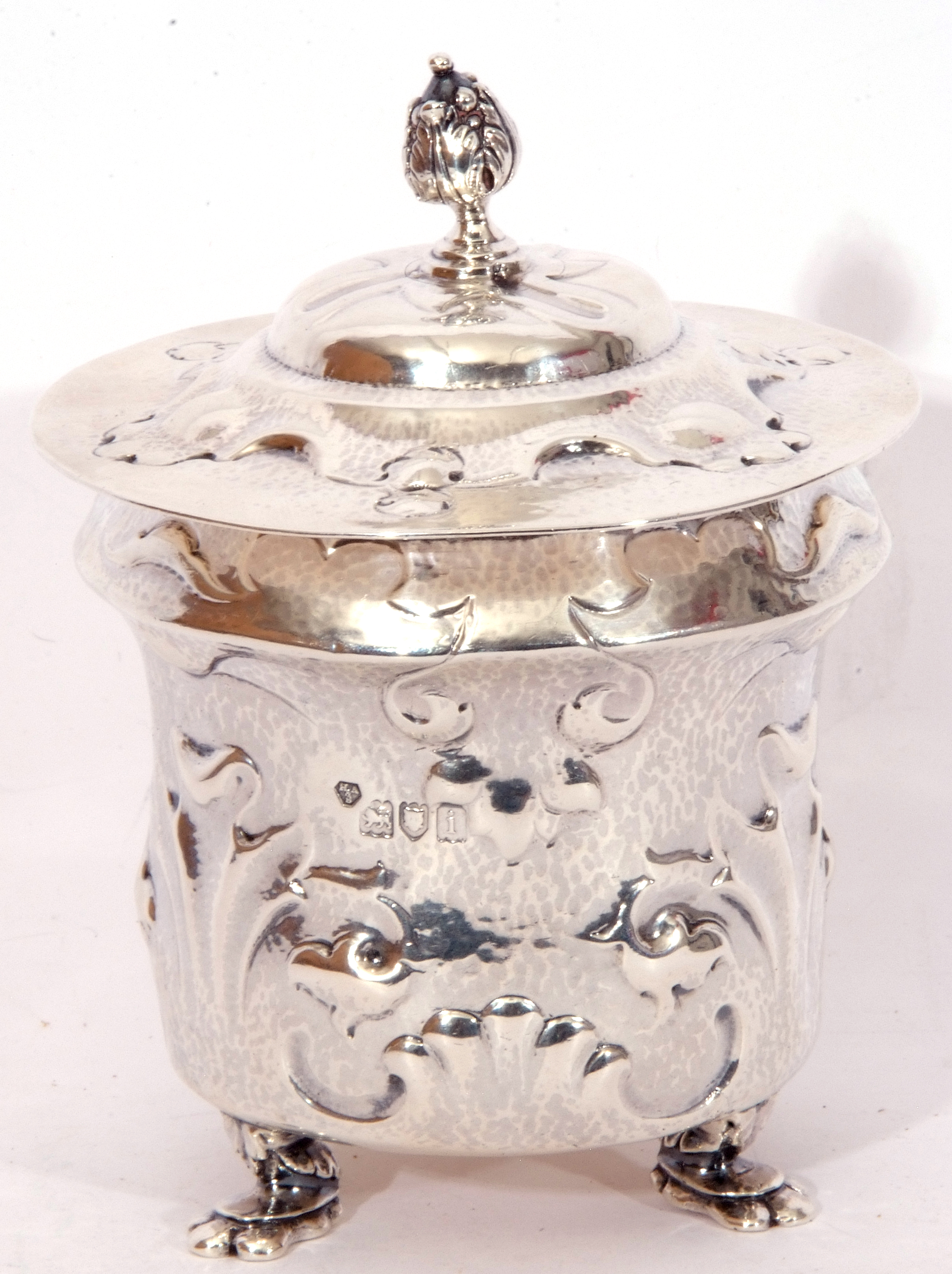 Art Nouveau silver tea caddy, the hammered body embellished with scrolling organic decoration and - Image 5 of 5
