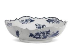 Rare large Lowestoft porcelain salad bowl decorated in underglaze blue with prints of pine cone