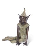 Contemporary patinated bronze figure of a seated pixie with arms and legs stretched, 52cm wide x