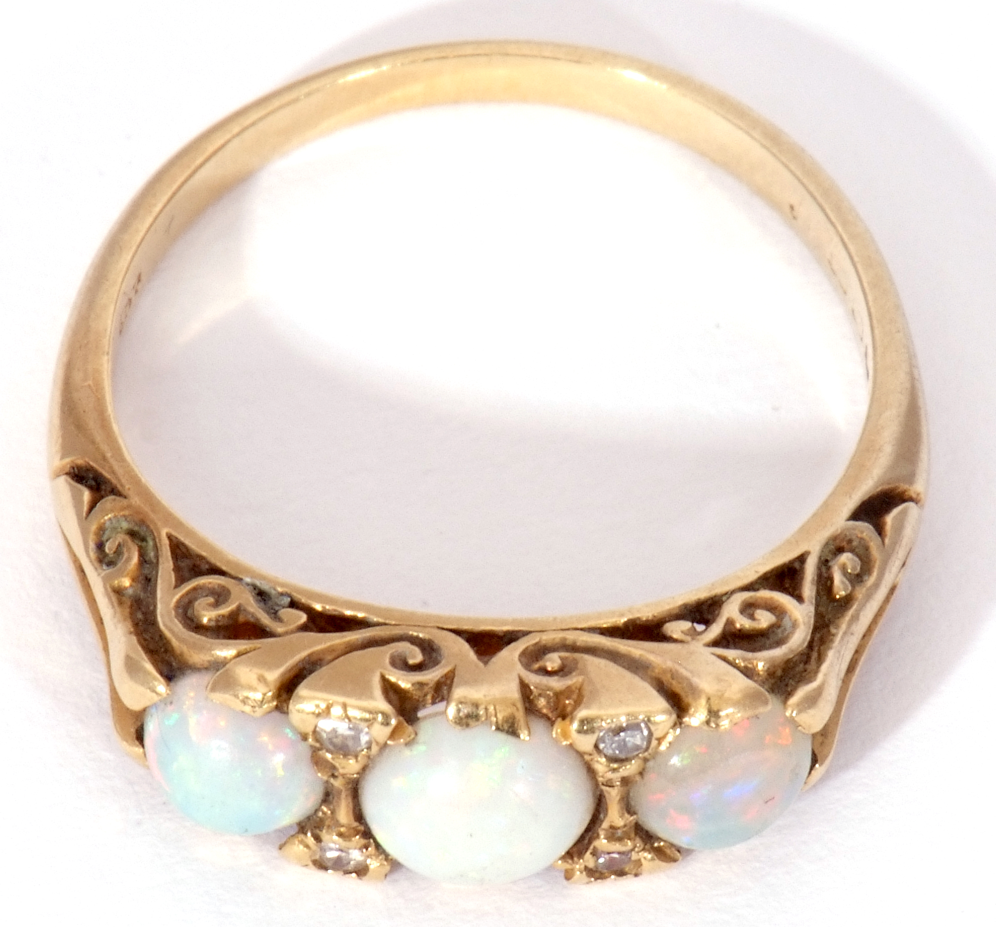 18ct gold opal and diamond ring featuring three graduated round cut cabochon opals, with four - Image 9 of 9