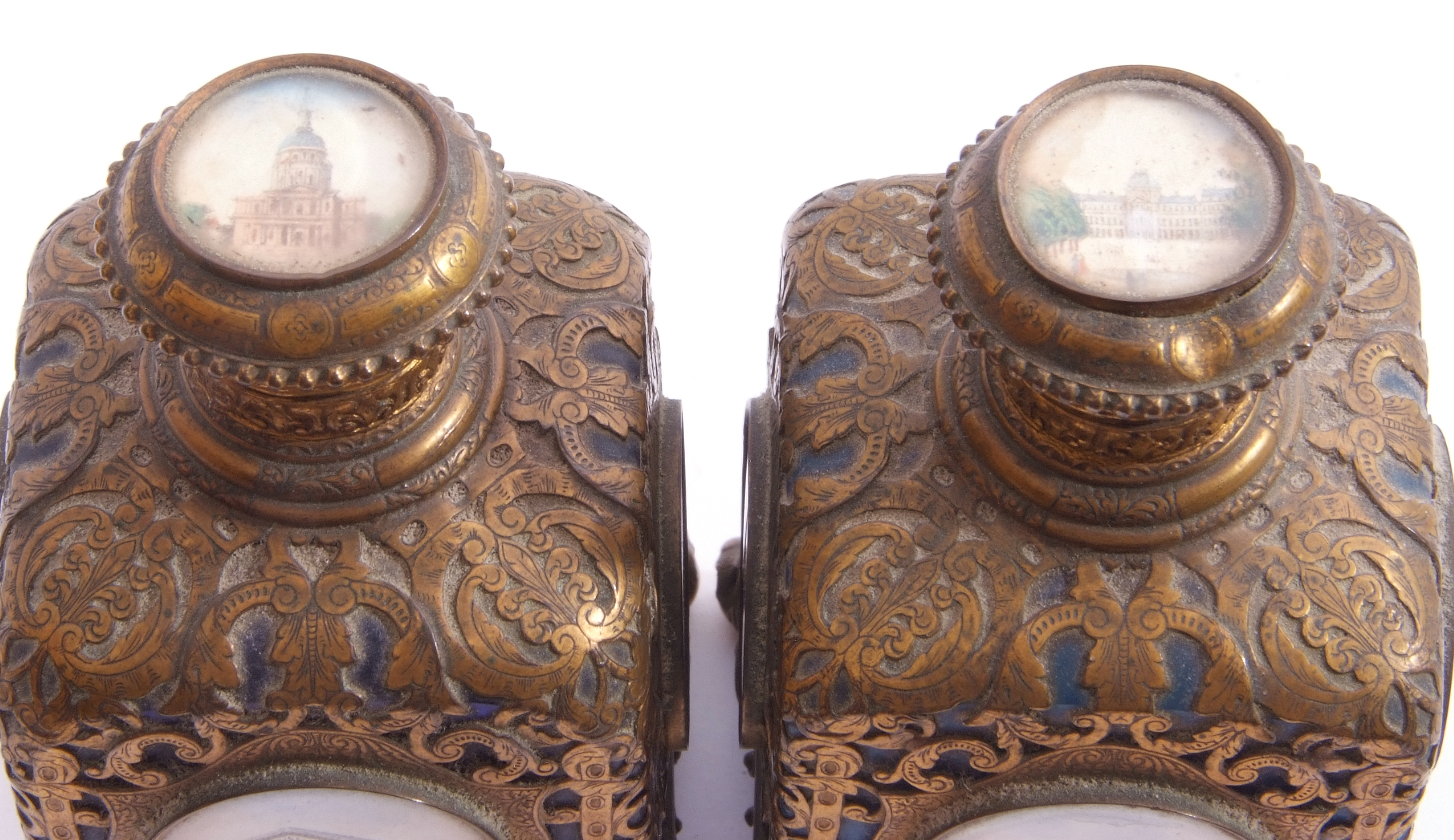 Two Palais Royale gilt metal mounted glass square scent bottles with pierced sleeves and caps - Image 8 of 11