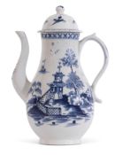 Lowestoft porcelain coffee pot and cover decorated in underglaze blue with pagoda and fence and