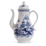 Lowestoft porcelain coffee pot and cover decorated in underglaze blue with pagoda and fence and