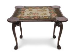 Walnut and mahogany fold-top card table, now fitted with an Aubusson style inset, to a plain