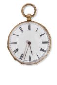 Ladies 18K gold cased fob watch with key wind movement, having gold hands to a white enamelled