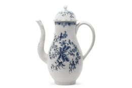 Lowestoft porcelain coffee pot and cover decorated in underglaze blue with a floral design, 30cm