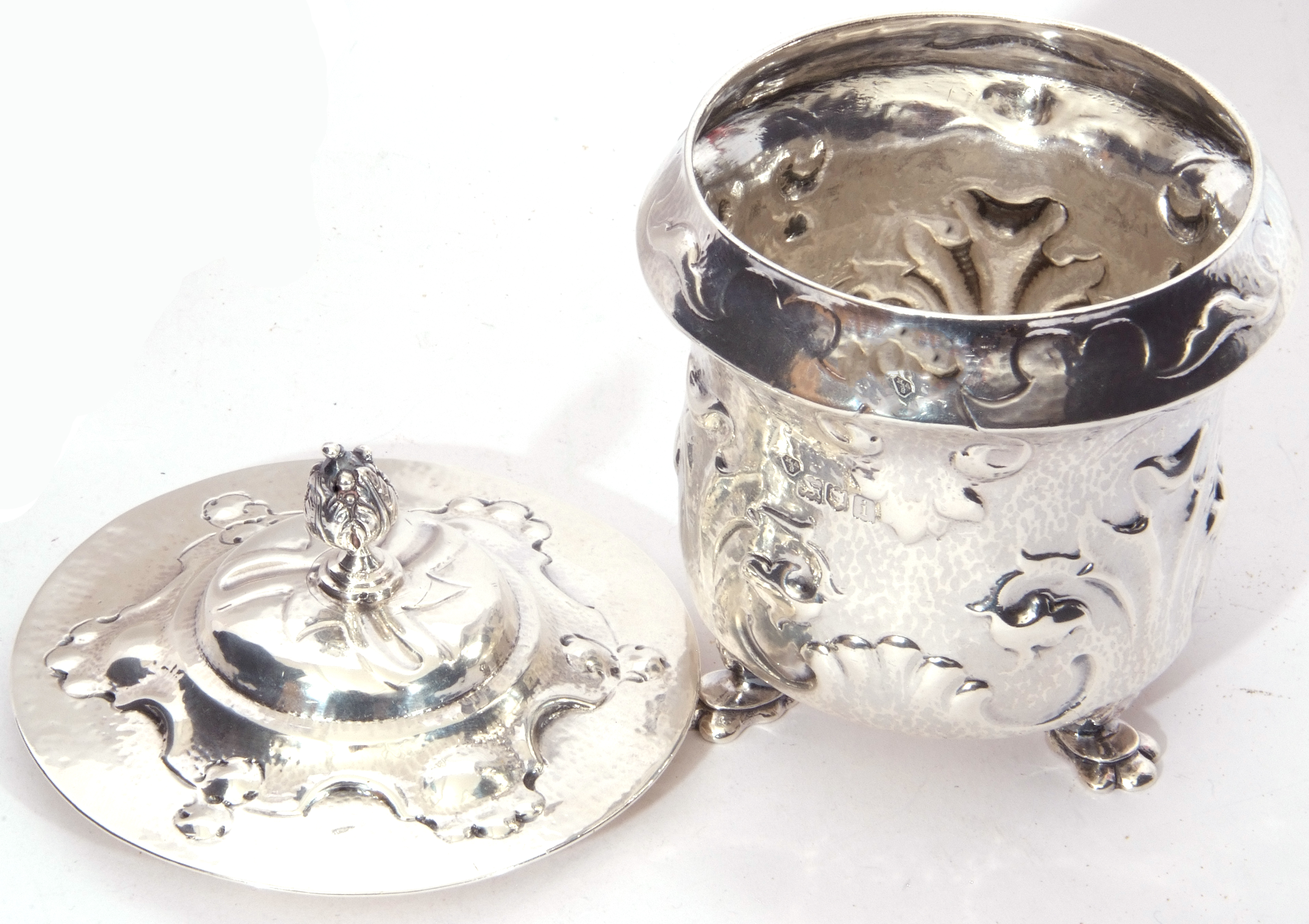 Art Nouveau silver tea caddy, the hammered body embellished with scrolling organic decoration and - Image 3 of 5