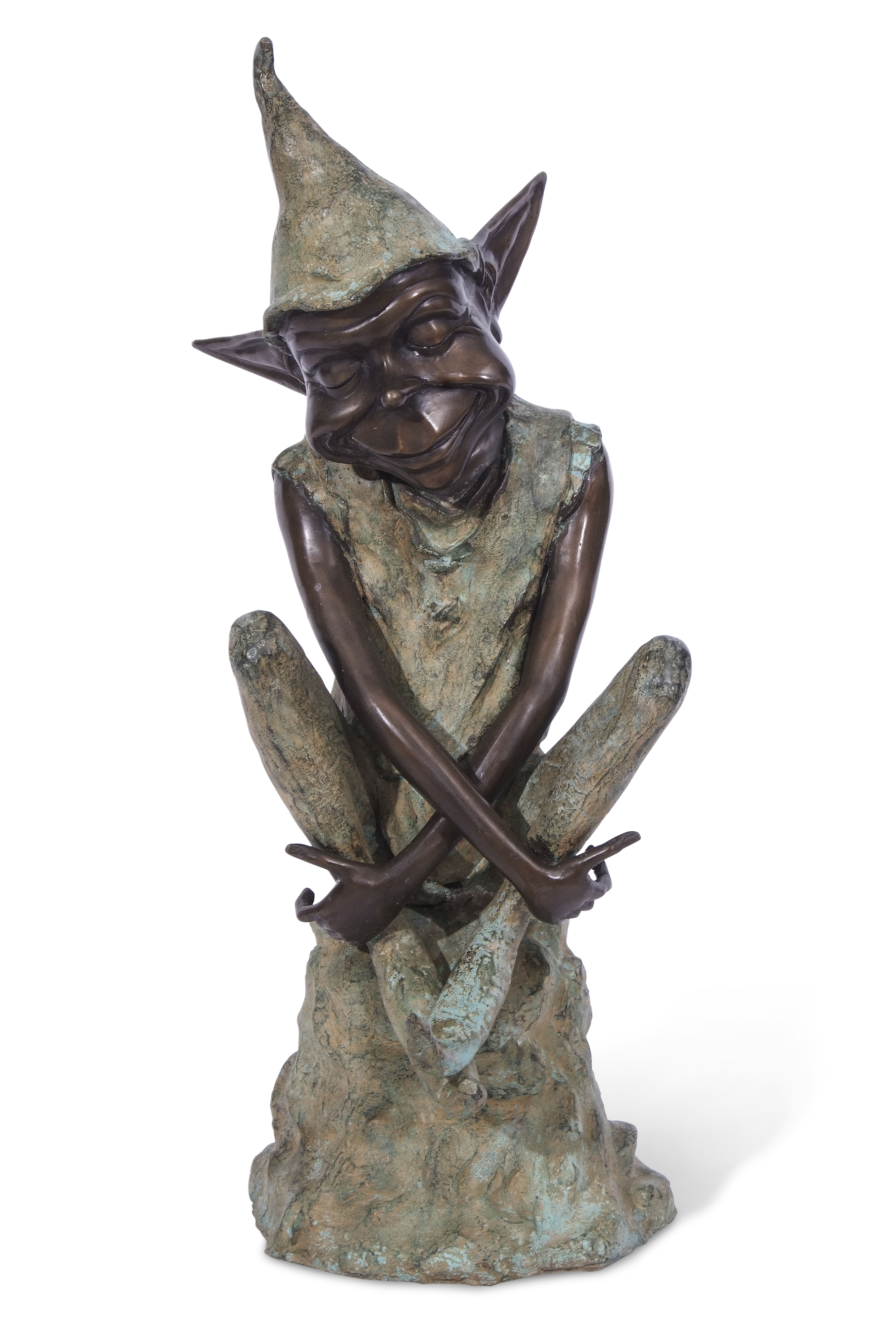Contemporary patinated bronze figure of a pixie seated on a rock, 23cm wide x 34cm deep x 76cm tall
