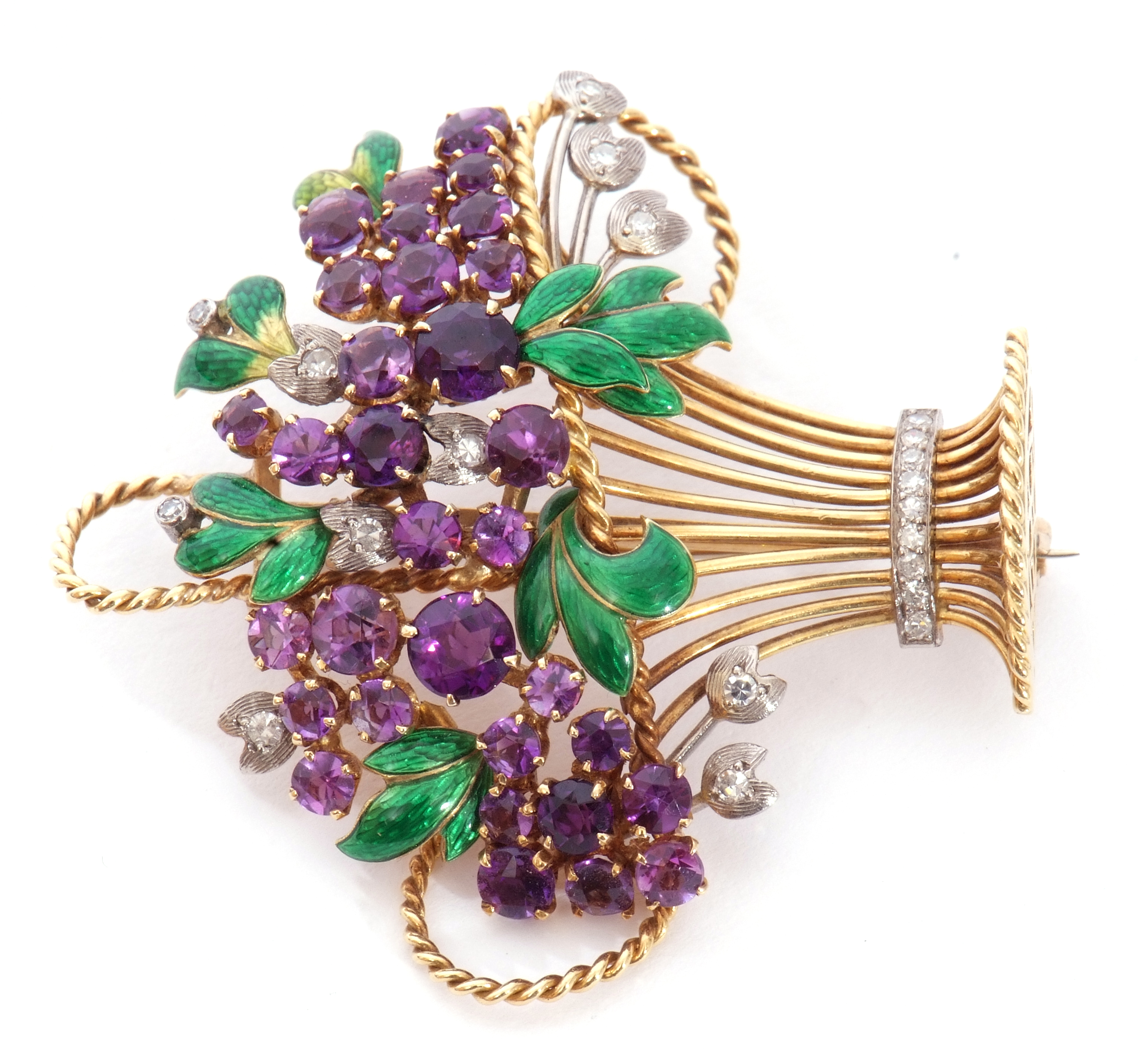 Enamel and amethyst jardiniere brooch circa 1965, the open work basket with wire work detailing, - Image 4 of 6