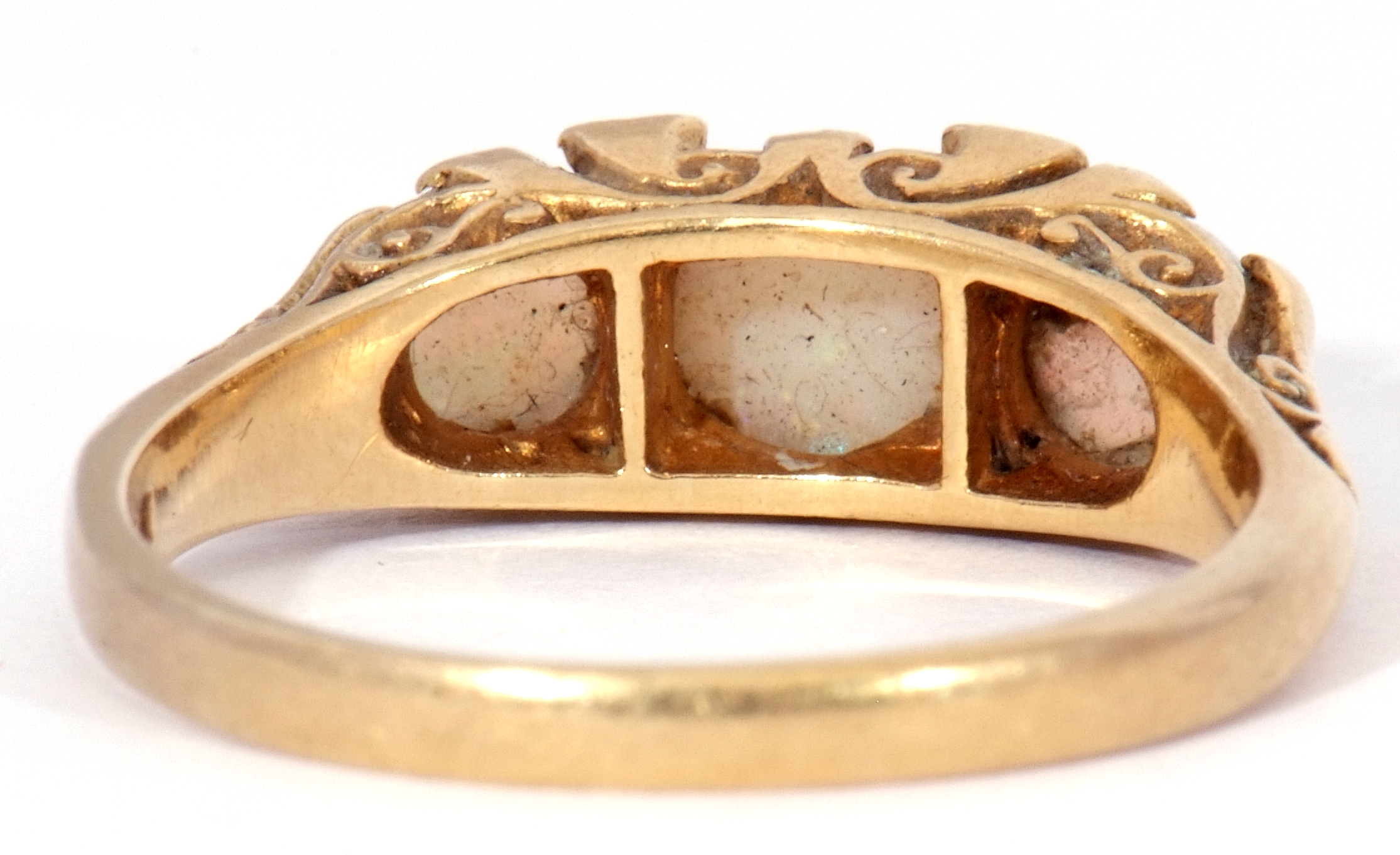 18ct gold opal and diamond ring featuring three graduated round cut cabochon opals, with four - Image 4 of 9