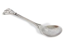 Georg Jensen silver dessert spoon, pattern no 53, with pierced leaf and reeded handle, oval shaped