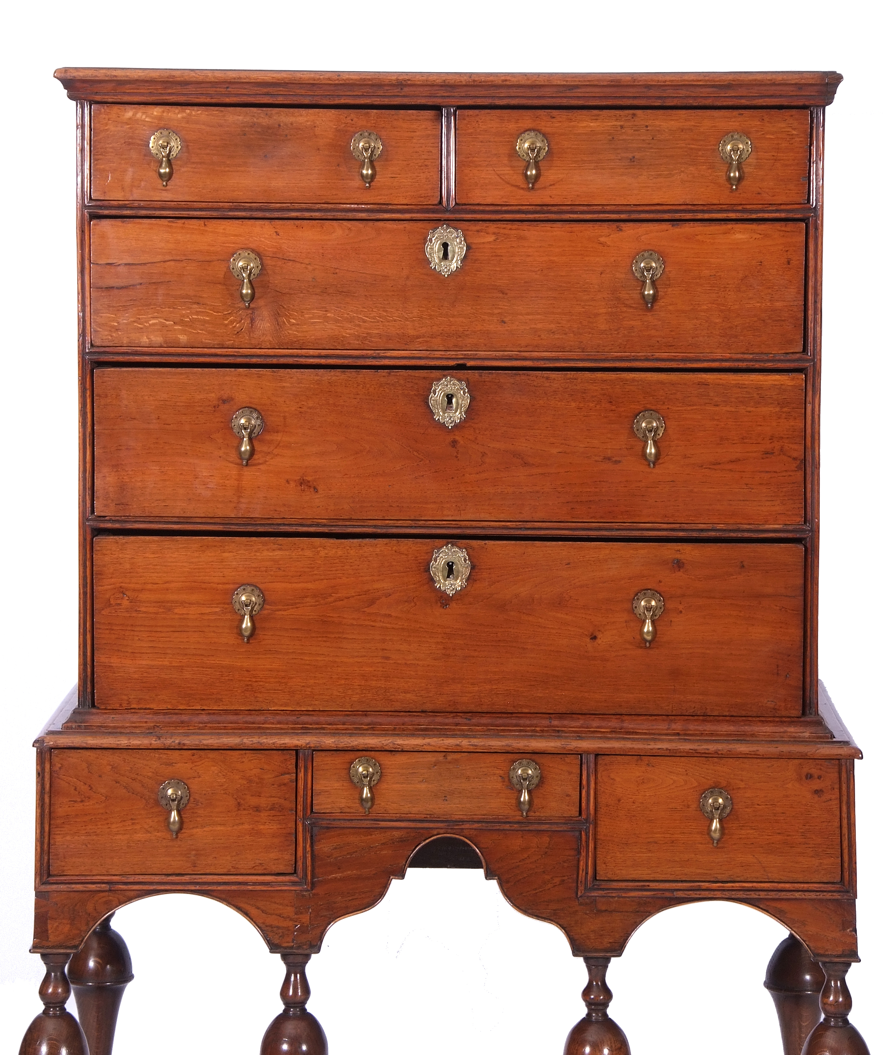 18th/19th century oak chest on stand in William & Mary style, the top section of two short and three - Image 3 of 4