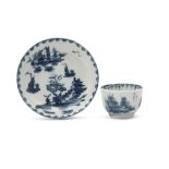 Good Lowestoft porcelain miniature tea bowl and saucer, circa 1765, with chinoiserie scenes within a